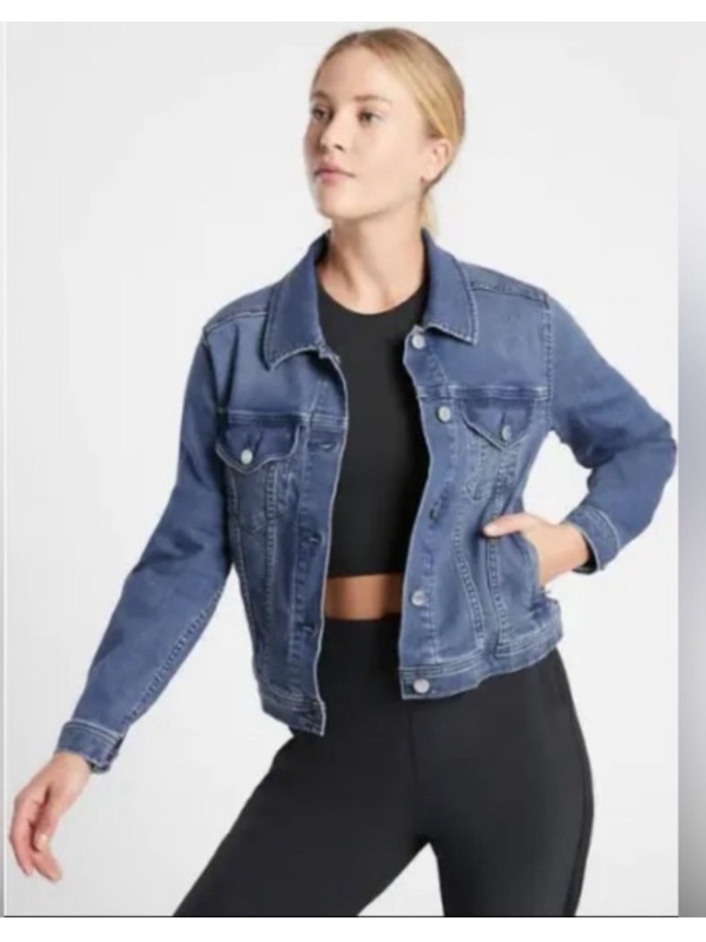 $149 ATHLETA Detour Denim Jacket True Blue Jean Stretchy Reflective Sculptek S